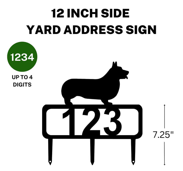 A 12-inch Corgi address sign featuring up to 4 customizable numbers and three stakes at the bottom for easy lawn mounting.