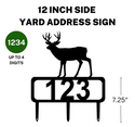 A 12-inch Deer address sign featuring up to 4 customizable numbers and three stakes at the bottom for easy lawn mounting.