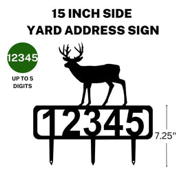 A 15-inch Deer address sign featuring up to 5 customizable numbers and three stakes at the bottom for easy lawn mounting.