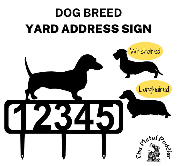 Dachshund address sign featuring customizable numbers and three stakes at the bottom for easy lawn mounting. Choose from the Longhaired Dachshund or the Wirehaired Dachshund