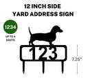 A 12-inch Dachshund address sign featuring up to 4 customizable numbers and three stakes at the bottom for easy lawn mounting.