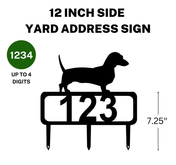 A 12-inch Dachshund address sign featuring up to 4 customizable numbers and three stakes at the bottom for easy lawn mounting.