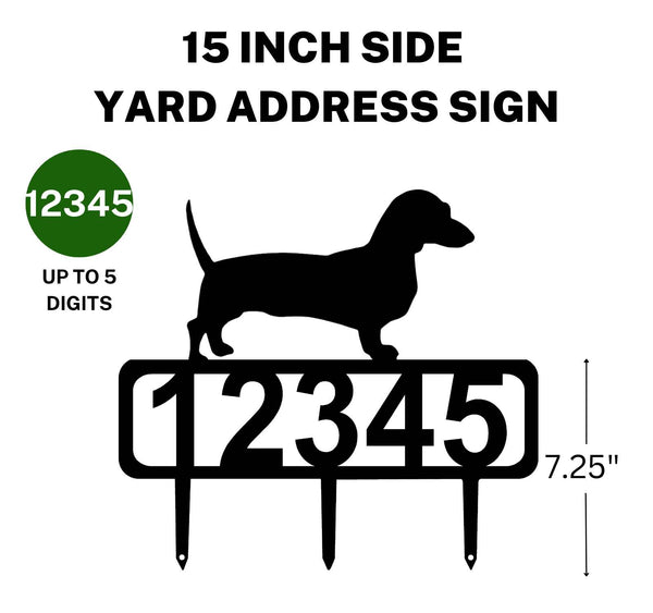 A 15-inch Dachshund address sign featuring up to 5 customizable numbers and three stakes at the bottom for easy lawn mounting.