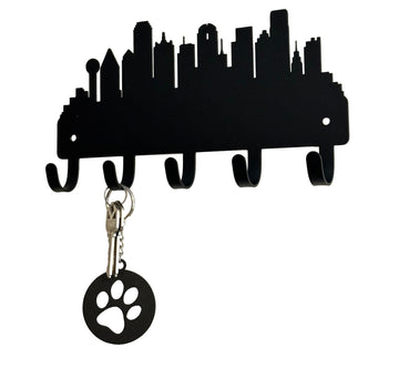 Silhouette of Dallas City Skyline, laser cut from metal with 5 hooks for hanging keys