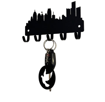 Silhouette of Detroit City Skyline, laser cut from metal with 5 hooks for hanging keys