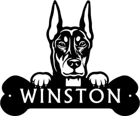 Doberman #2 Head and Dog Bone Sign with Custom Name or Numbers The Metal Peddler