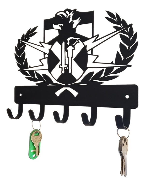 A key hanger with 5 hooks and laser cut into the design of an EOD crab badge
