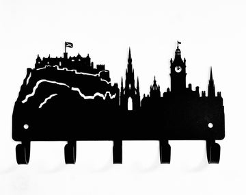 Black metal wall art silhouette of Edinburgh skyline with Edinburgh Castle, shown against a plain white background.