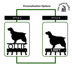 English Springer Spaniel Dog Leash Holders with 2 different name styles, one above the 5 hooks and one cut into the hook bar.