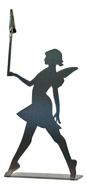 Silhouette sculpture of a fairy holding a spear on a white background