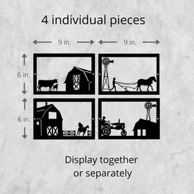 Set of 4 Farm wall art panels-Cow & Calf and Barn-Horse Drawn Plow and Farmer- Horse Running Toward Barn-Farmer on Tractor and Barn