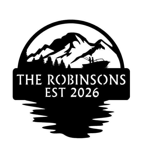 Features mountain scenery with a mirrored lake reflection beneath the sign.. Personalized design with mountain and boat silhouette, 'The Robinsons Est 2026' text on a white background.