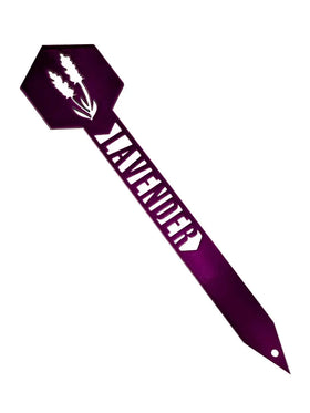 A purple garden stake labeled 'LAVENDER' with a delicate cut-out design of Lavender flowers.