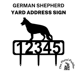 Yard address sign featuring a German Shepherd silhouette and customizable numbers up to 5 digits.