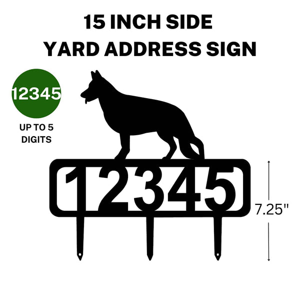 Yard address sign featuring a German Shepherd silhouette and customizable numbers up to 5 digits.