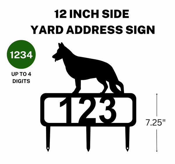 12-inch German Shepherd address sign featuring up to 4 customizable numbers and three stakes at the bottom for easy lawn mounting.