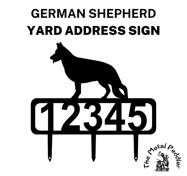 German Shepherd address sign featuring customizable numbers and three stakes at the bottom for easy lawn mounting.