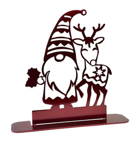 Red gnome and reindeer holiday decor, metal