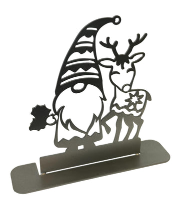 Silver gnome and reindeer holiday decor, metal