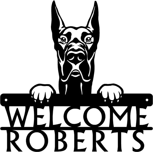 Great Dane Cropped Ear Detailed Dog Face Welcome Sign or Custom Name The Metal Peddler