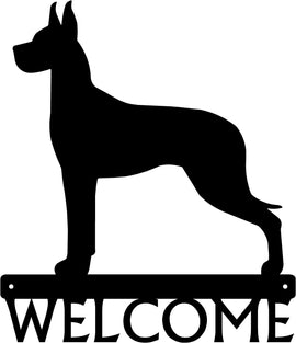 A welcome sign with the silhouette of a great Dane dog