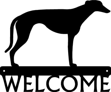 Greyhound Silhouette on a bar with the word welcome below