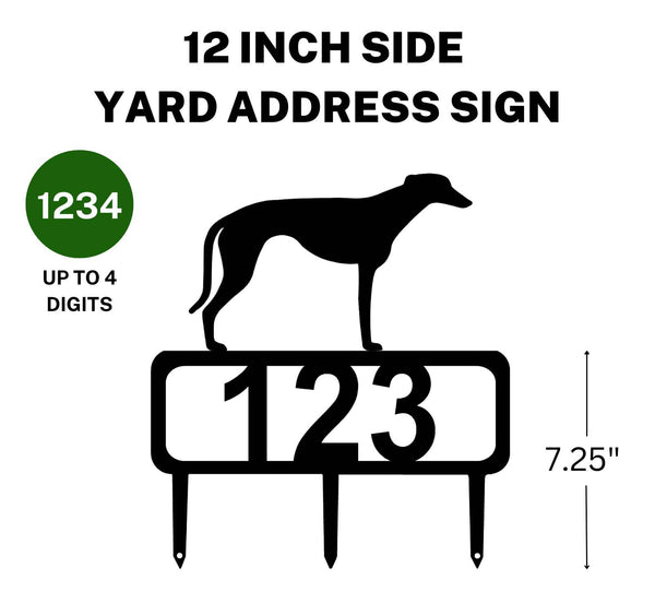 A 12-inch Greyhound address sign featuring up to 4 customizable numbers and three stakes at the bottom for easy lawn mounting.