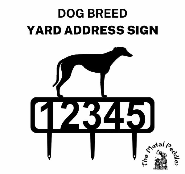 Greyhound address sign featuring customizable numbers and three stakes at the bottom for easy lawn mounting.