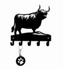Black highland cow wall hook set with five hooks and a hanging paw print keychain, shown on a plain white background.