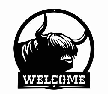 A black and white graphic design featuring a highland cow silhouette inside a circular frame, with the word 'WELCOME' in a distressed western-style font below.