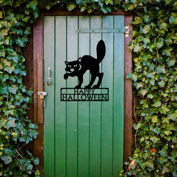 Hissing Cat Happy Halloween Sign for Door or Yard