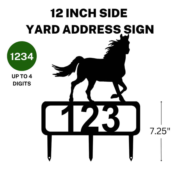 A 12-inch Horse address sign featuring up to 4 customizable numbers and three stakes at the bottom for easy lawn mounting.