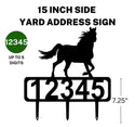 A 15-inch Horse address sign featuring up to 5 customizable numbers and three stakes at the bottom for easy lawn mounting.