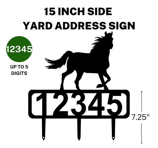 A 15-inch Horse address sign featuring up to 5 customizable numbers and three stakes at the bottom for easy lawn mounting.