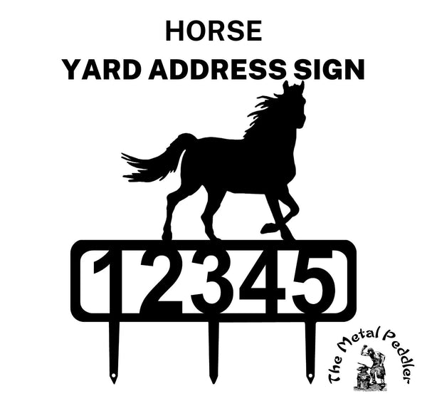 A Horse address sign featuring customizable numbers and three stakes at the bottom for easy lawn mounting.