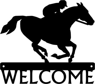 Metal Welcome Sign with Horse and Jockey in a Race