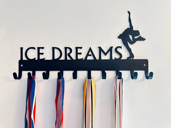 Figure Skating Medal Holder with 10 hooks. Reads Ice Dreams