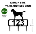 12-inch Labrador address sign featuring up to 4 customizable numbers and three stakes at the bottom for easy lawn mounting.