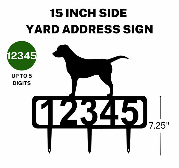 A 15-inch Labrador address sign featuring up to 5 customizable numbers and three stakes at the bottom for easy lawn mounting.