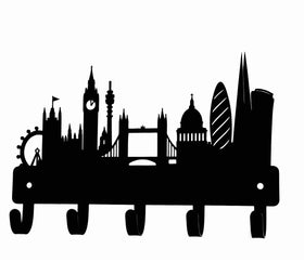 Black silhouette wall hook holder featuring London skyline landmarks including Big Ben, Tower Bridge, the London Eye, and the Guggenheim on a plain white background.