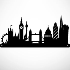 Personalized London skyline metal wall art featuring Big Ben, Tower Bridge, St. Paul's Cathedral, the London Eye, The Gherkin, and The Shard
