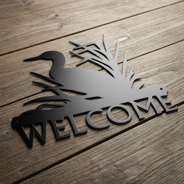 A black metal wall sign featuring a loon silhouette, reeds, and the word “WELCOME” in a rustic wood plank setting.