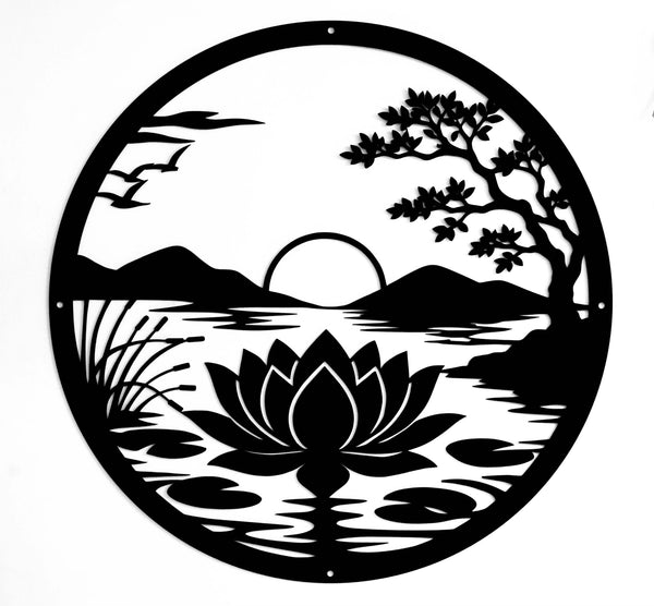 Lotus Flower Metal Wall Art – Sunrise Lake Scene