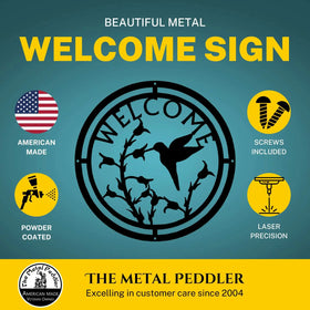 Hummingbird at WildFlowers Round Welcome Sign The Metal Peddler