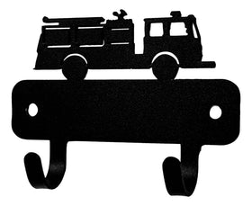 Black metal wall hook with fire truck design on a white background
