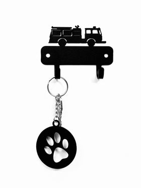 Small key holder with 2 hooks and the silhouette of a fire truck