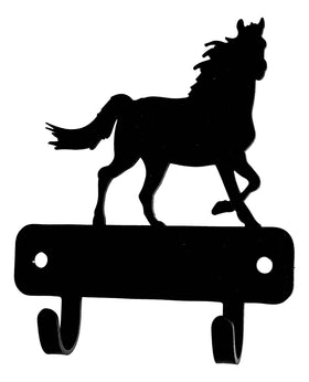 Black metal wall hook with horse silhouette on a white background
