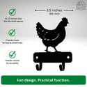 Black metal chicken-shaped wall hook with two hanging hooks, shown on a light gray background with feature callouts and a 'Made in USA' badge. 