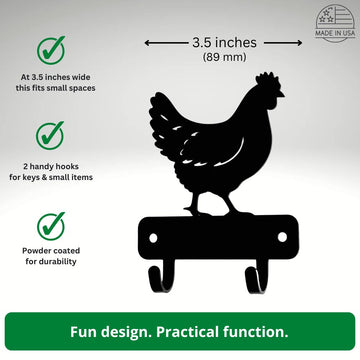 Black metal chicken-shaped wall hook with two hanging hooks, shown on a light gray background with feature callouts and a 'Made in USA' badge. 