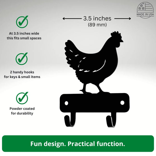Black metal chicken-shaped wall hook with two hanging hooks, shown on a light gray background with feature callouts and a 'Made in USA' badge. 